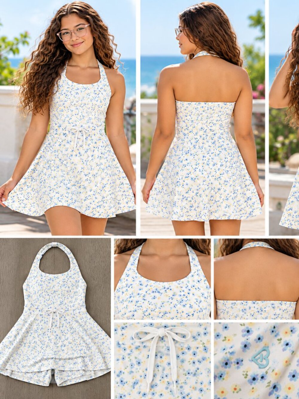 Blogilates Girls’ Game Set Match Floral Halter Dress with Built-In Shorts 14